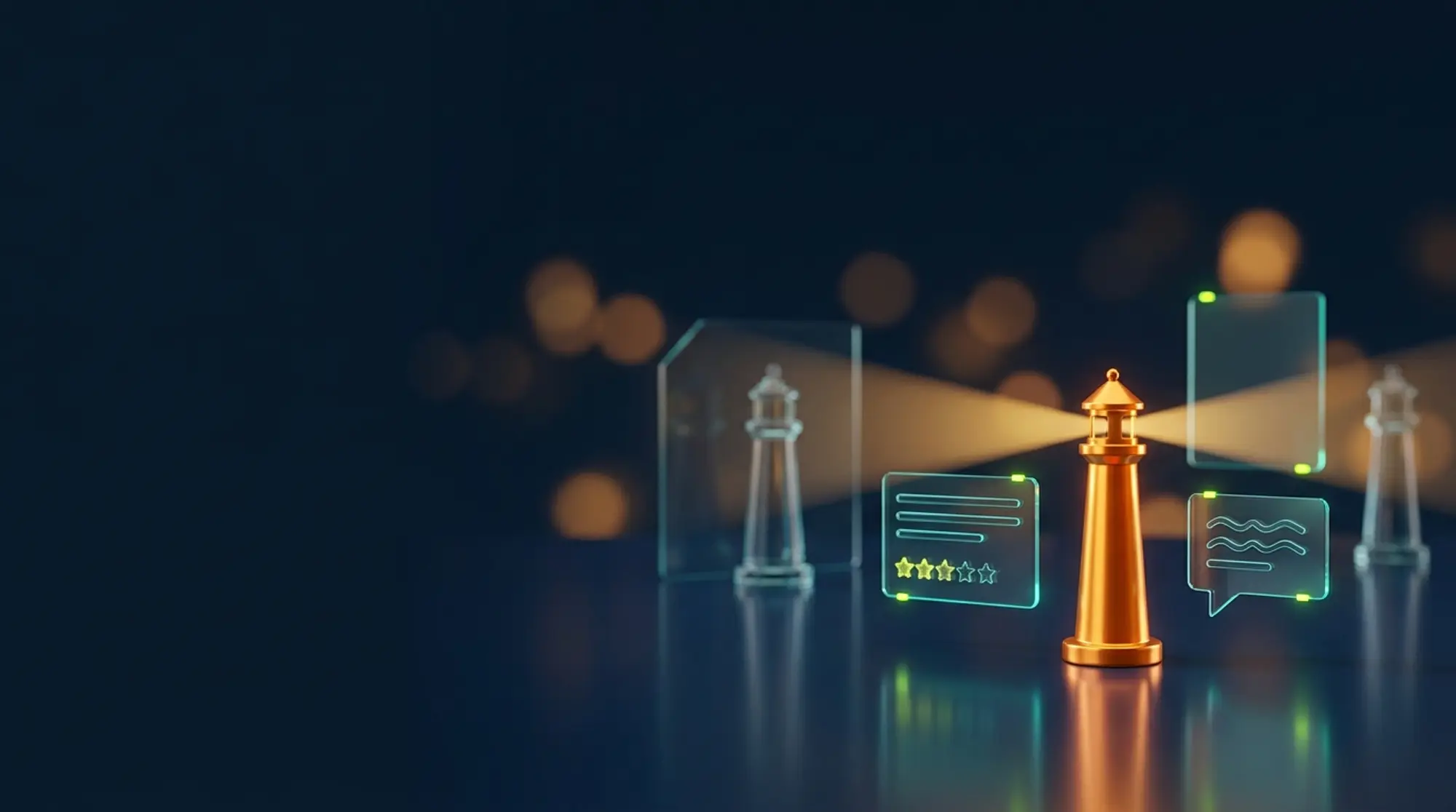 Get cited by ChatGPT and Google AI: The simple playbook. An orange lighthouse lighting up search result and AI answer cards