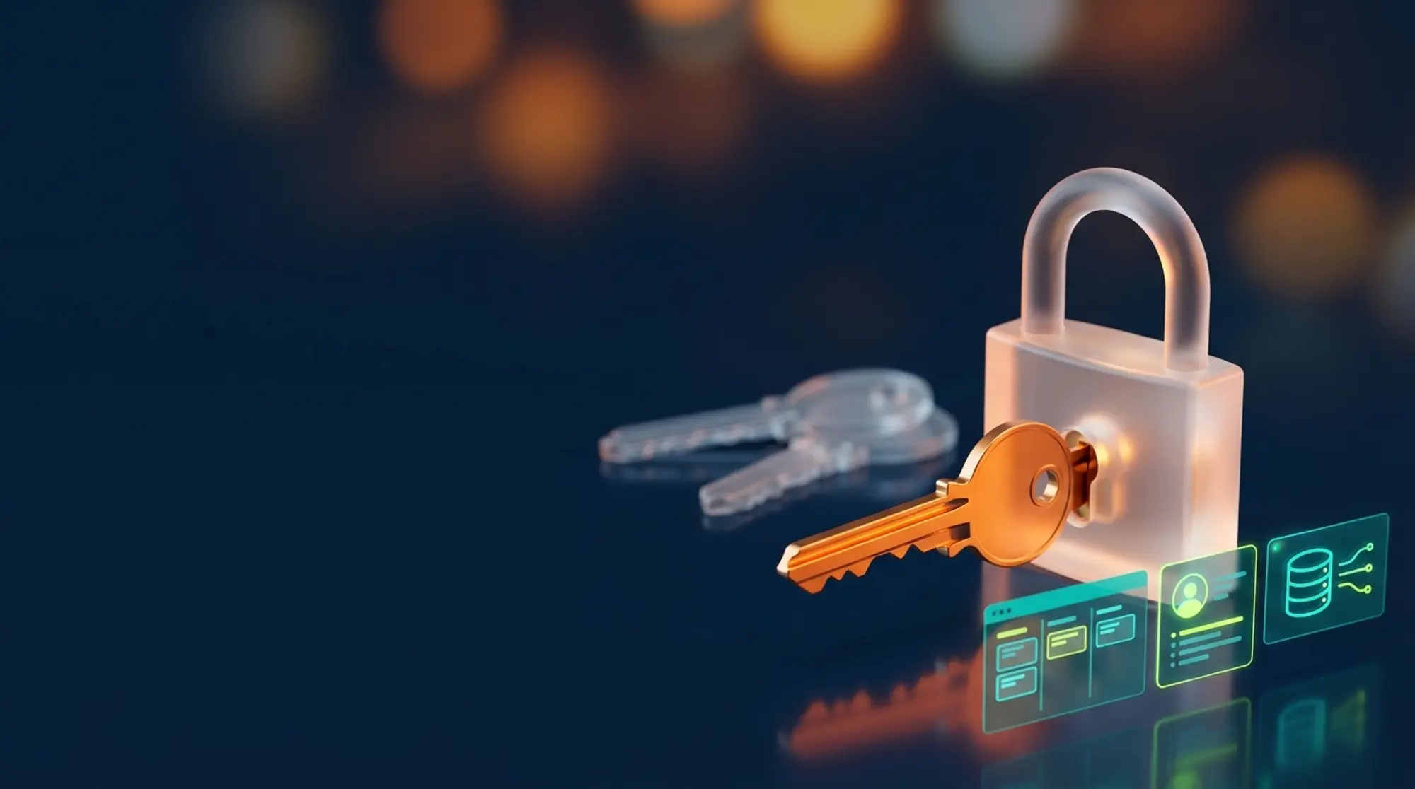 Custom CRM you own, no per-user fees: an orange key in a glass padlock beside glowing pipeline, contact and database panels