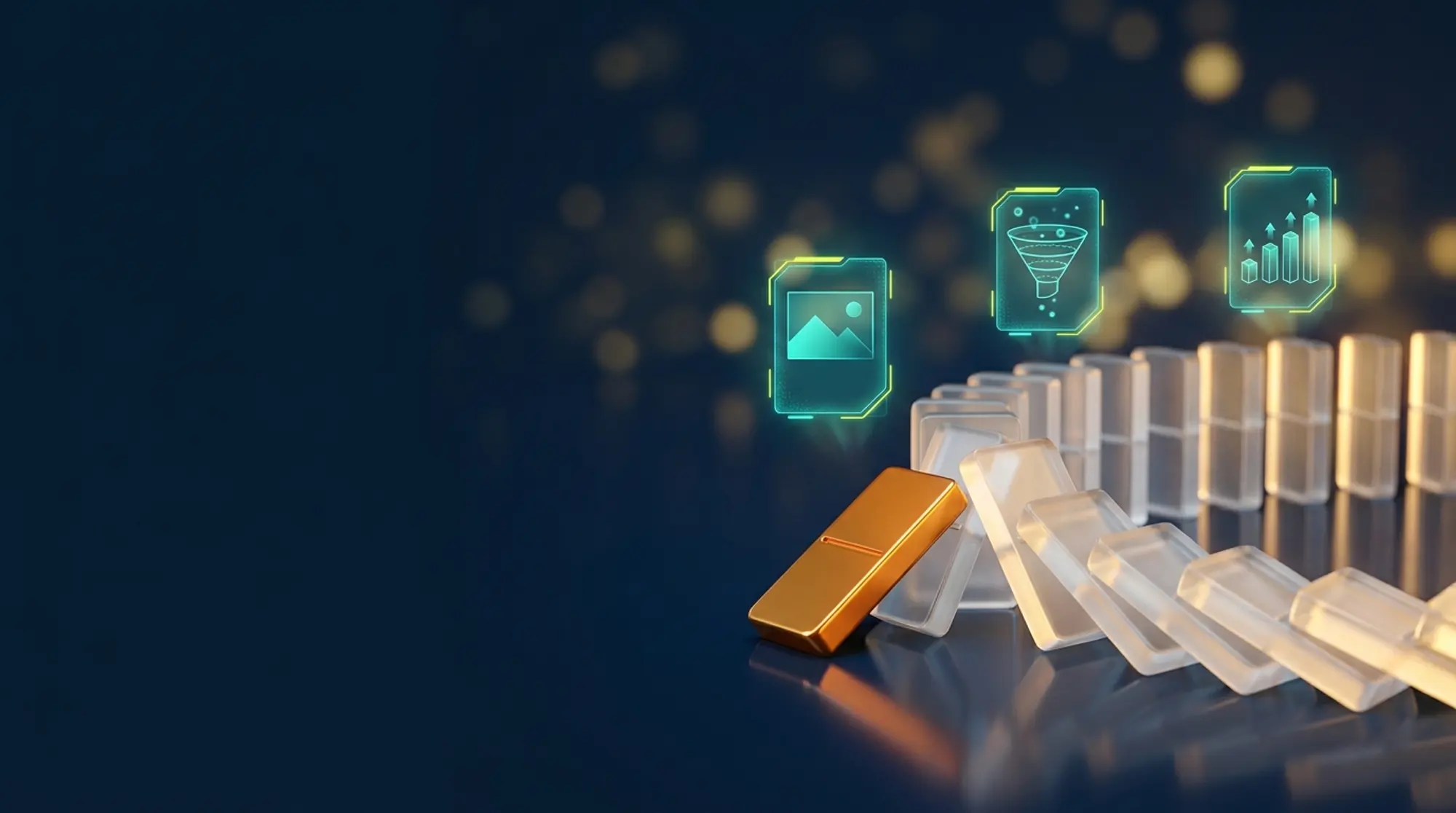 Paid ads that pay back, tracked to real sales: an orange domino starting a chain of glass dominoes beside glowing ad and chart panels